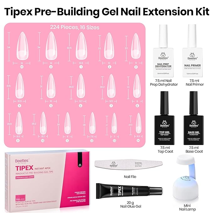 Beetles Tipex Instant Apex Nail Tips Kit – Stiletto Long, Pre-Building Pre-Etched Thick Acrylic Tips with Tipex Nail Glue, Dehydrator, Primer, Base & Top Coat, Mini UV Lamp 224PCS in 16 Sizes