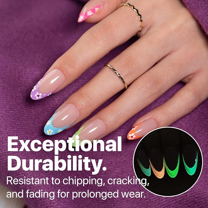 SXC Cosmetics X-Pro Tips French Tip Press On Nails - Bright Pastel Glow in the Dark Series (GLOW115KIT-M Almond)