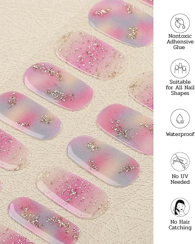 Nail Polish Strips (No UV Lamp Needed) - 22 Pcs Salon Quality Gel Nail Stickers - Long Lasting Wraps (Iridescent Jellfish Pink&Blue)