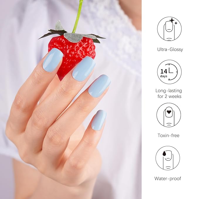 DANNI & TONI Semi Cured Gel Nail Strips Light Blue (Azure Horizon) Spring Summer Gel Nail Wraps UV Nails 28 Stickers Gift for Women