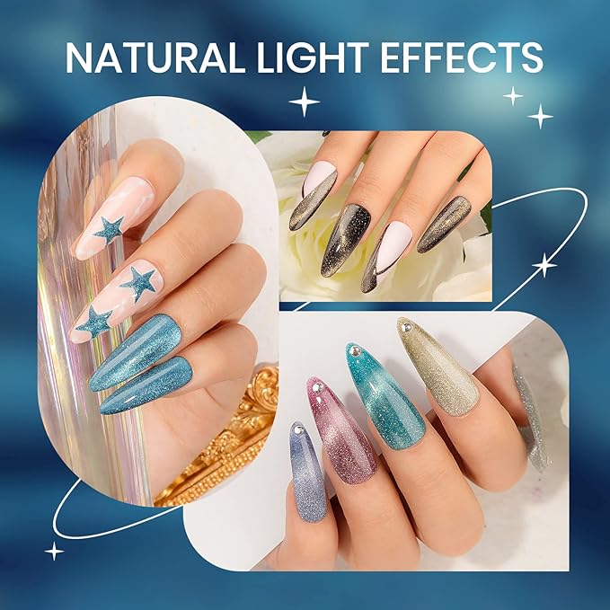 Reflective Cat Eye Gel Nail Polish Sparkling Holographic Magnetic Nail Polish Gels 9D Cateye Gel Polish Set 12 Colors with Magnet for Home DIY Manicure Nails Salon