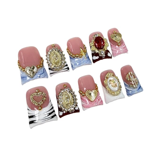 Handmade Press on Nails Short Leopard French Tip False Nails Reusable ABS Material Fake Nails with Charms Designs Nails Press Ons Luxury Full Cover Stick on Nail for Women 10Pcs(Size M)