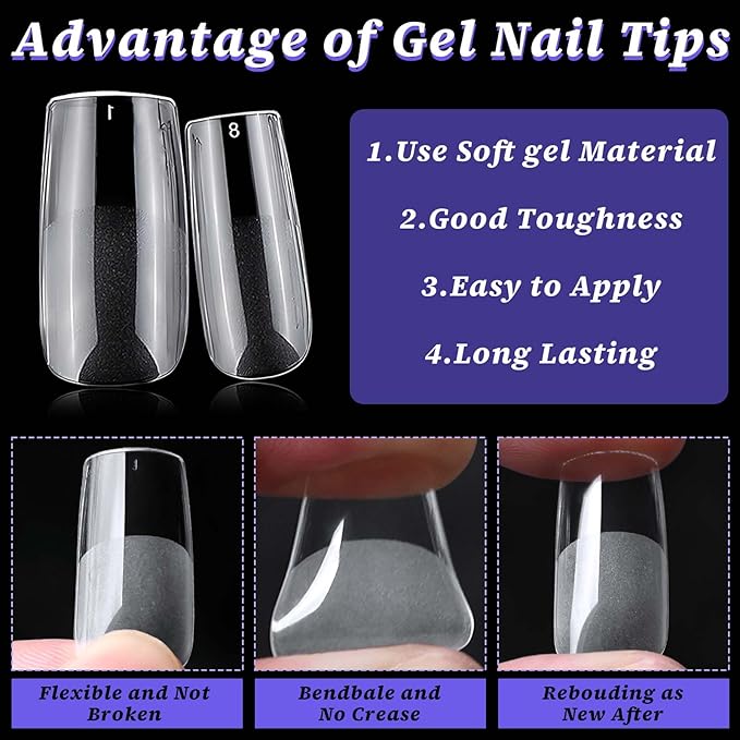 240pc Medium Gel Nail Tips Square Fake Nails Clear Press ons Nail, Medium Square Nails Tips Acrylic Nails Extension Soft Gel Nails Tip Full Cover False Nail Clear Artficial Fingernail