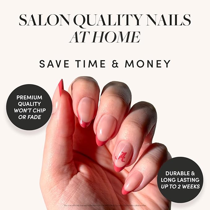 Glamnetic x Fanatics Press On Nails - Alabama Crimson Tide | Short Almond Fake Nails, Collegiate Crimson Tide Red French Tips, College Nails, Salon-Quality | 15 Sizes - 30 Nail Kit with Glue