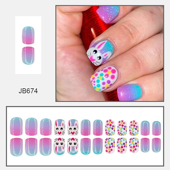 24 Pcs Easter Glitter Gradient Press on Nail Short Square Easter Big Eyed Rabbit Fake Nails Full Cover False Nails with Spring Easter Bunny Colorful Dots Designs Acrylic Nails for Women Girls Nail Art
