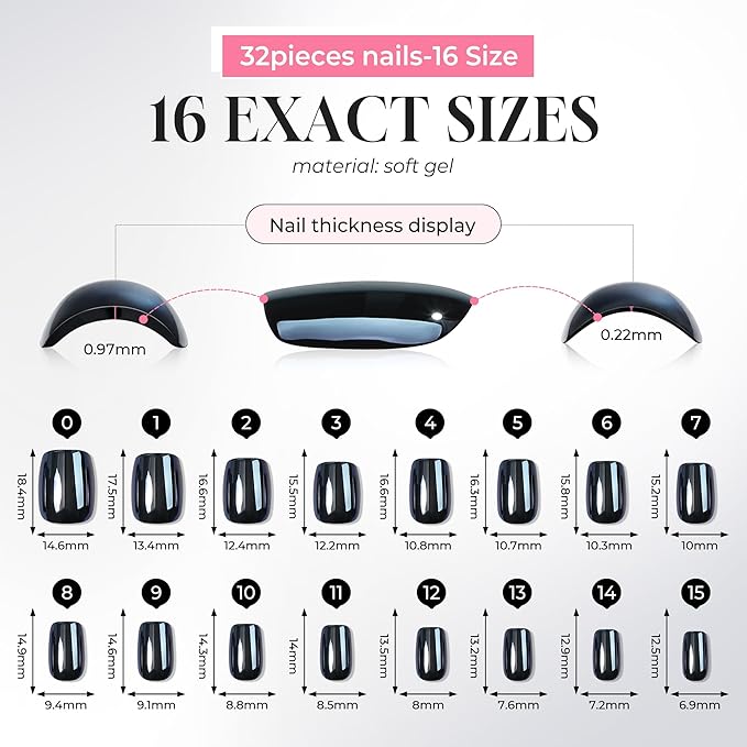 UNA GELLA 32Pcs Soft Gel Press on Nails - 16 Sizes Black Chrome Mirror Short Square Glue on Nails, Reusable Metallic Glossy Black False Nails, Full Cover Acrylic Nail Kit for Women DIY Home Manicure