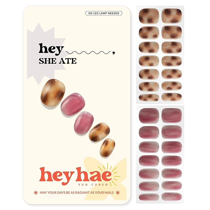 Heyhae Semi Cured Gel Nail Strips | No LED Lamp Needed | Summer, Marble, Red | Easy Apply & Remove, Salon Quality | Includes 28 Strips, 1 Prep Pads, Nail File & Wooden stick - Hey, She Ate