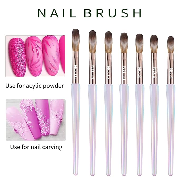 7PCS Acrylic Nail Brush Set,Size 4/6/8/10/12/14/16 Professional Nail Brushes for Acrylic Application Extension and 3D Carving for Nail Home Salon DIY
