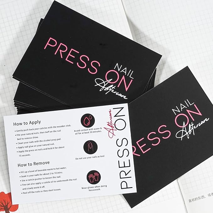50 Pack Bebbtiy Press on Nail Instructions Cards, Application Guides, Aftercare Manicure Usage Business Supplies Card (Black-2)