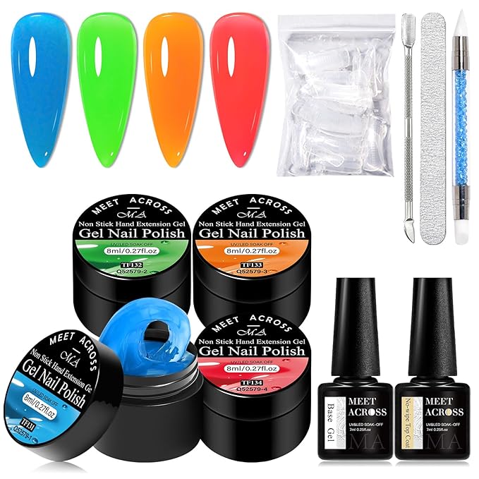 MEET ACROSS All-in-One Extension Mini Kit Non-Sticky Builder Gel Starter Kit WIth Base & Top Coat/Dual-Silicone Pen/Pro File/20-Pc Reusable Dual Forms Salon-Grade Extensions (Blue+Green+Orange+Red)