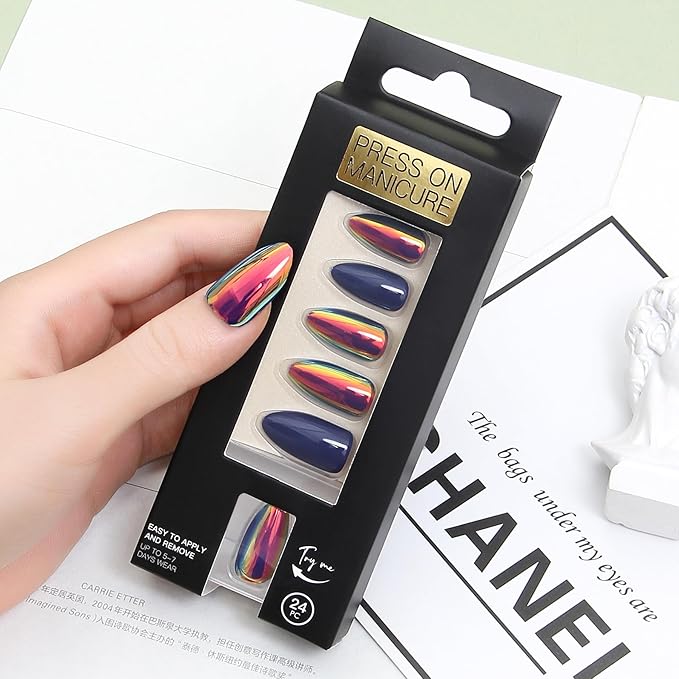Acrylic Press On Nails Blue Almond - Nail Kit Iridescent Chrome Reusable Manicure for Women, 24 Nails in 12 Sizes with Glue, Adhesive Tabs, File, Prep Pad, Manicure Stick