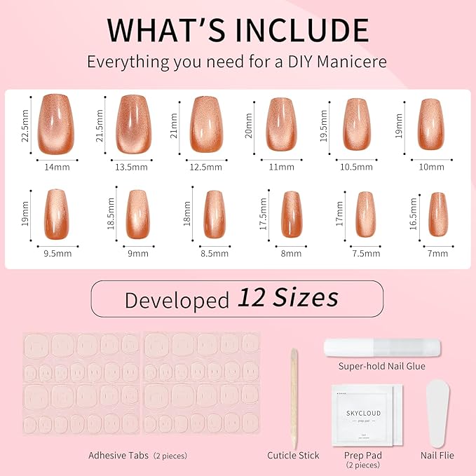 Brown Cat Eyes Press On Nails,12 Sizes-24 Pcs Soft Gel Light Brown Medium Coffin Fake Nails Kit with Nail Glue, Natural Reusable Stick On False Nails for Women and Girls (Skycloud Brown Nails) SK0826