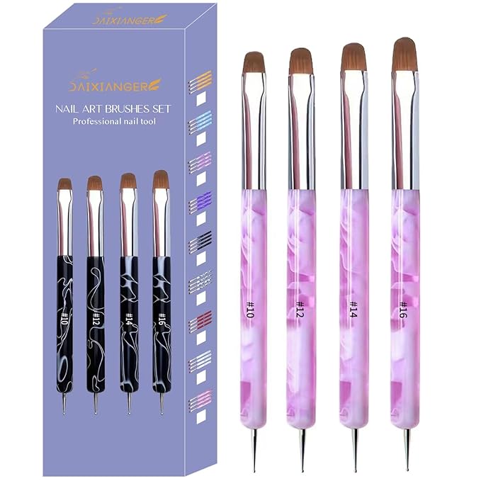 4Pcs French Tip Brush, Double-Ended French Brushes for Nails with Dotting Tool, Clean Up Brush for Gel Nail Polish, Size 10/12/14/16, Acrylic Nail Art Brushes, Manicure Tools for Nail Design-Purple