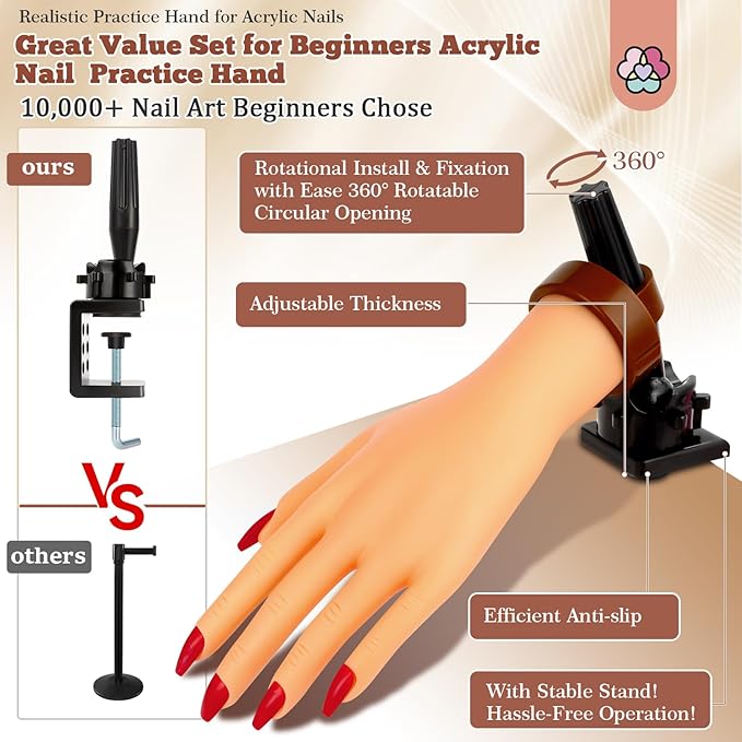 SAVILAND Practice Hand for Acrylic Nails: Flexible & Realistic Nail Practice Hand Mannequin Hand Silicone Nail Hand Practice with 120PCS Nail Tips Nail Glue for Beginners Manicure Training Home