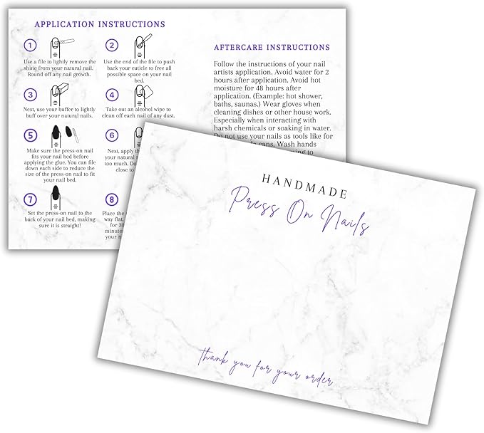 Handmade Acrylic Press On Nails Display Card | 5x7” 30 pk | w/Application Aftercare Instructions Inserts Marble for Packaging in Your 6 * 9 Holographic Bags Use With Double Sided Tape