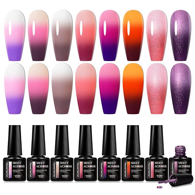 MEET ACROSS Color Changing Gel Nail Polish Set of 8 Temperature Changing Colors Including Red Pink Purple Orange Mood Changing Gel Manicure Kit for Nail Art Home DIY