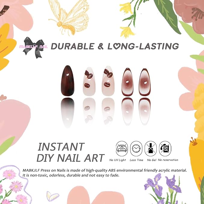 Press on Nails Medium Almond 24Pcs Brown French Tip False Nails with Coffee Beans Goblet Designs Full Cover Glossy Glue on Nails Stick on Nails for Women Girls