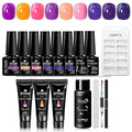 MTSSII 15Pcs Gel Nail Polish Set 6Pcs Gel Polish + 3Pcs Poly Nail Extension Gel Pink Purple with Slip Solution, Dual-Ended Brush for Polygel Nail Art Salon DIY Beginner Kit