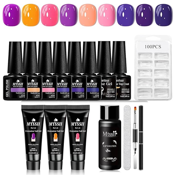 MTSSII 15Pcs Gel Nail Polish Set 6Pcs Gel Polish + 3Pcs Poly Nail Extension Gel Pink Purple with Slip Solution, Dual-Ended Brush for Polygel Nail Art Salon DIY Beginner Kit