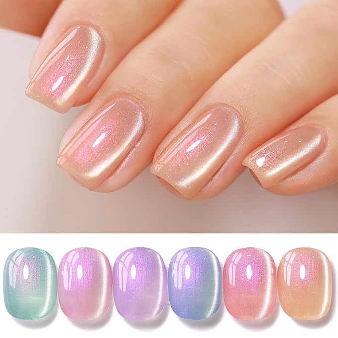 Double Rhythm 6 Colors Cat Eye Gel Polish Set Shimmer Glitter with Magnet Holographic Reflective Magnetic UV Nail Art Kit (6-Kit-50)