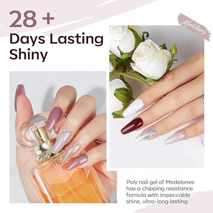Modelones Poly Nail Gel Set, 6 Colors Burgundy Red Brown Champagne Gold Poly Extension Gel Builder Snow White Nude Grey Elegant Lady Collection French Manicure DIY Home Salon