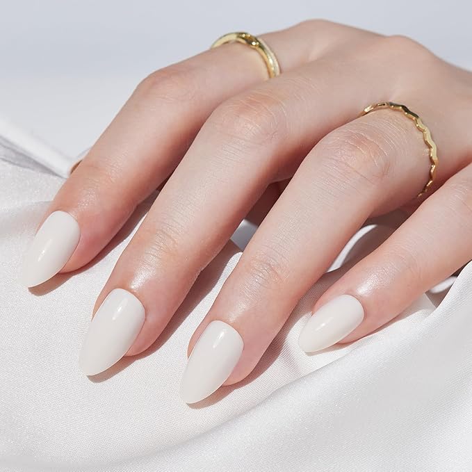 Press On Nails Short - Findigit Press On Nails, Almond Fake Nails White with Nail Glue, Fit Perfectly Natural Reusable Stick On Nails in 16 Sizes - 32 Glue On Nails Kit, Cream White