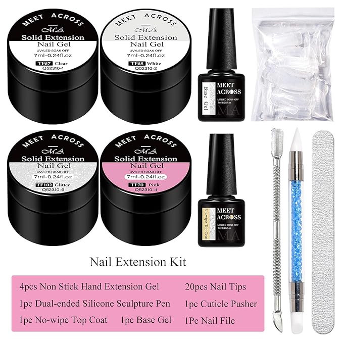 MEET ACROSS All-in-One Extension Mini Kit Non-Sticky Builder Gel Starter Kit WIth Base & Top Coat/Dual-Silicone Pen/Pro File/20-Pc Reusable Dual Forms Salon-Grade Extensions (Clear+White+Glitter+Pink)
