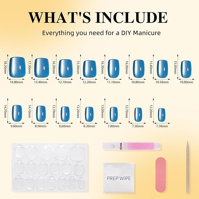 Blue Cat Eye Press On Nails - Short Square Press on Nails Ocean Blue Nails Press Ons for Women, Reusable Glossy Fake Nails Kit with Glue DIY Nails Short in 15 Sizes - 30pcs, Ocean Teal