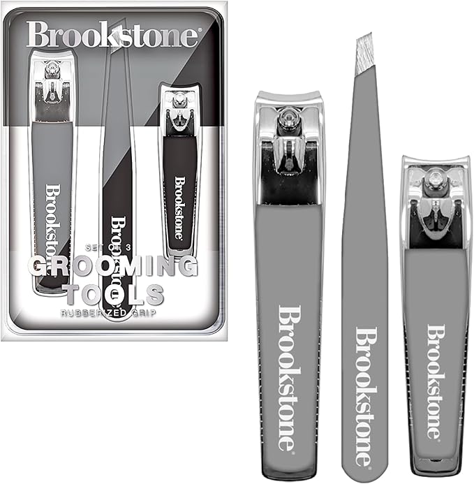 Brookstone Nail Clippers Set - Premium Stainless Steel Nail Clipper and Nail Cutter with Rubberized Non-Slip Grip, Includes Case and Tweezer, Two Nail Clippers for Precision Grooming (Grey)