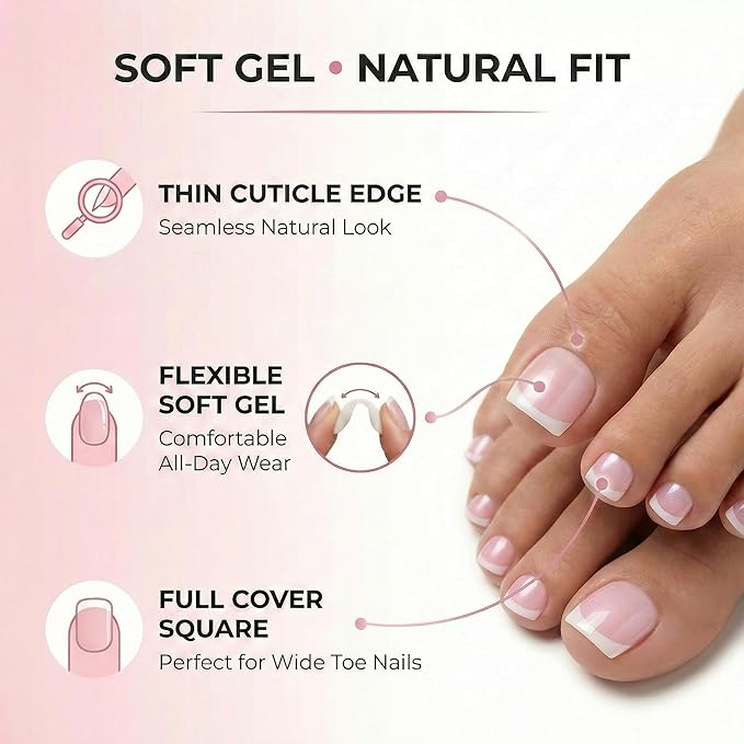 Cotton Candy Pink French Tip Toe Nail Press Ons, 150PCS Square Full Cover Soft Gel Toe Nail Tips, 15 Sizes for Wide Toenail Beds, Pre-Shaped for DIY French Pedicure & Salon