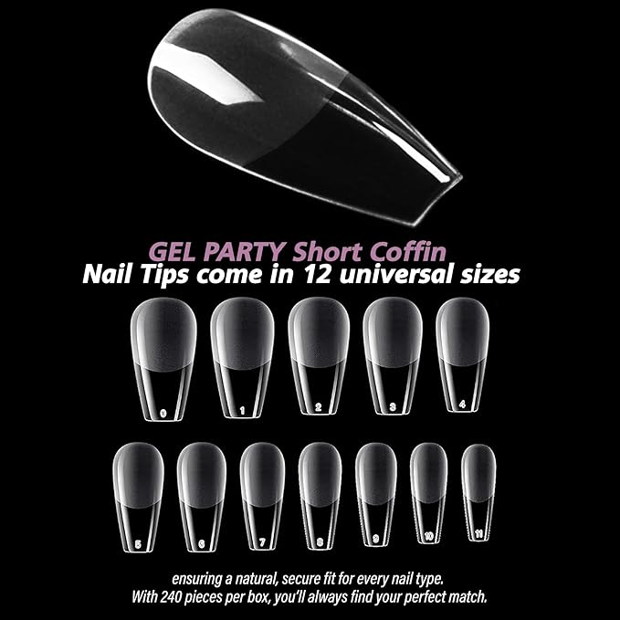 GELPARTY Soft Gel Nail Tips Short Coffin - 240Pcs Pre-Buffed Matte Full Cover Tips - No Filing Needed, Soak Off Gel Extension System - Clear Ballerina False Nails (12 Sizes)