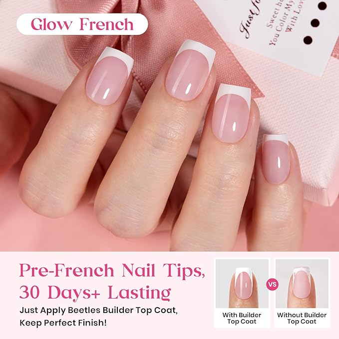 Beetles Press On Nails Kit - 300Pcs Short Square French Tip Press On Nails, 15Sizes Pink French Nail Tips with Nail Glue & Remover, Builder Top Coat Nail, Lamp,All-in-One DIY Spring Gift for Women