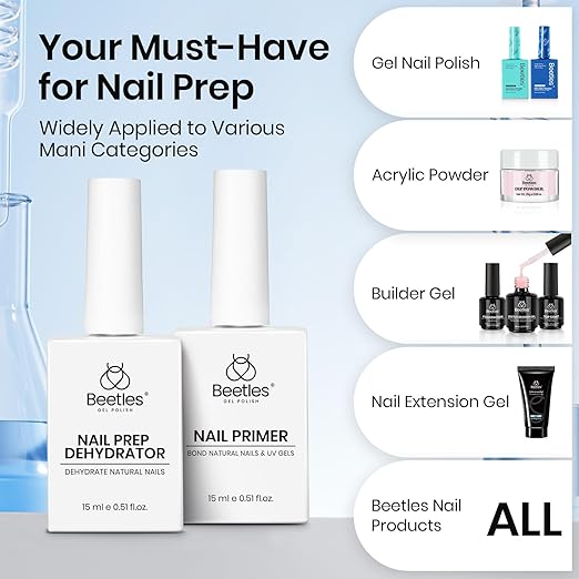 Beetles Nail Dehydrator and Primer - Acid-Free & Hema-Free 2Pcs 15ml Nail Bonding Agent for Gel Polish and Acrylic Nails, Long-Lasting No-Lift Prep for Salon & DIY Manicures