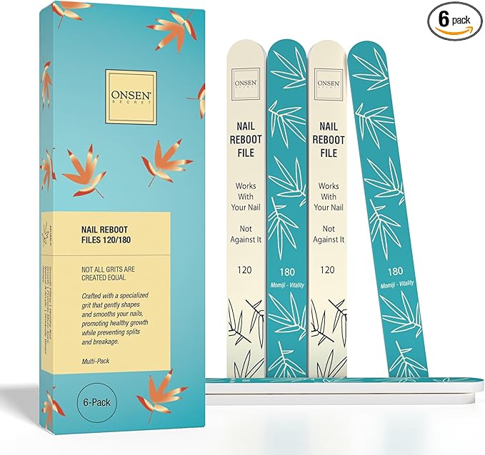 Onsen Secret Japanese Nail File - Professional 6-Pack Nail Files, Double Sided Natural & Acrylic Filers - 120/180 Grit - Disposable, Salon Smooth | Best Onsen File for Shiny Nails