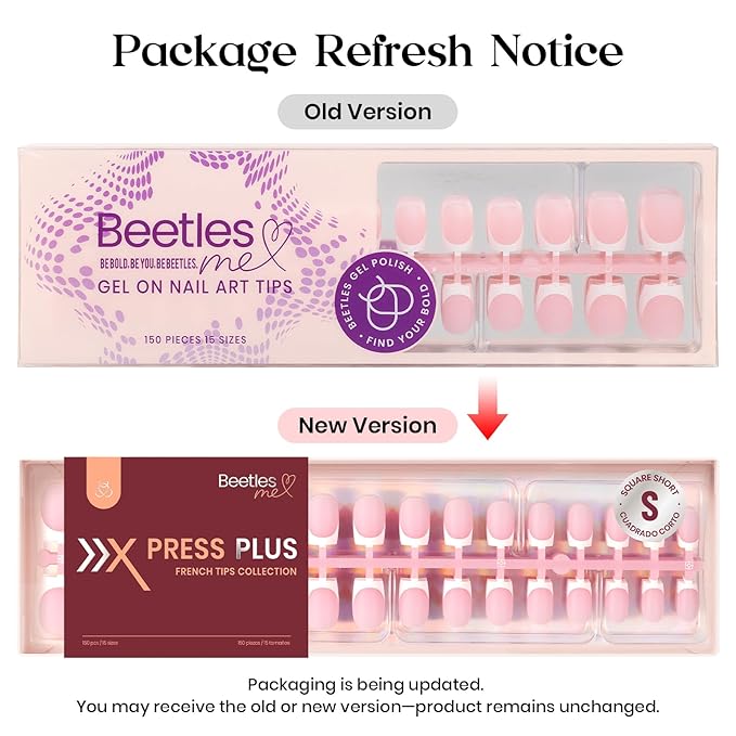 Beetles X Press Plus French Tip Nails - Peach French | Pink Extra Short Square Press On Nails | 15 Sizes 210 Pcs Natural Salon Quality Gel Nail Tips