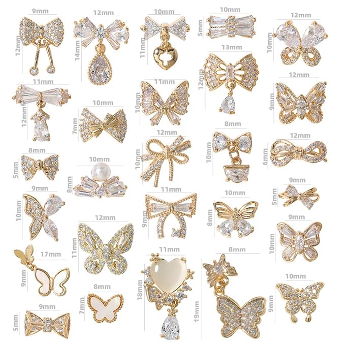 HNUIX Butterfly Nail Charms and Gems - Gold Copper Zircon, Multiple Shapes, Metal Bow-Knot Jewelry Rhinestones Charms, 27Pieces