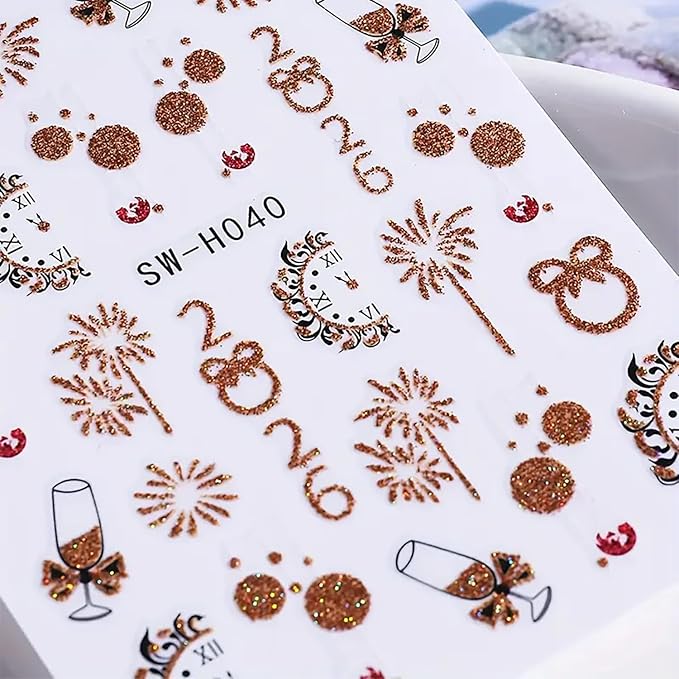 6Pcs Christmas Nail Art Stickers Decals 2026 New Year Fireworks Clock Nail Design Stickers Winter Xmas Nail Art Supplies 3D Self Adhesive Glitter Nail Decals Holiday Manicure Accessories for Women