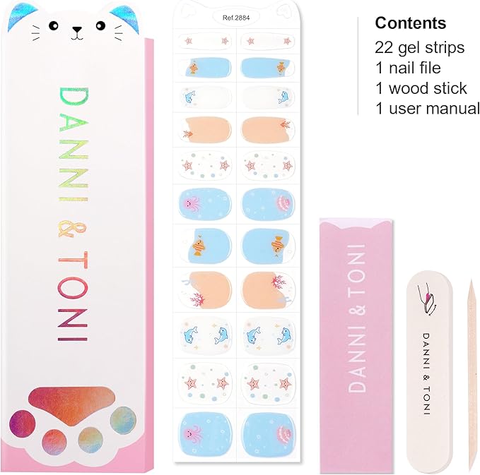 DANNI & TONI Kids Gel Nail Strips Ocean Dolphin Starfish Seashell Salon-Quality Peel & Stick Manicure for Children (Age 6+)– Safe, Long-Lasting, Easy to Apply | Ocean Spark