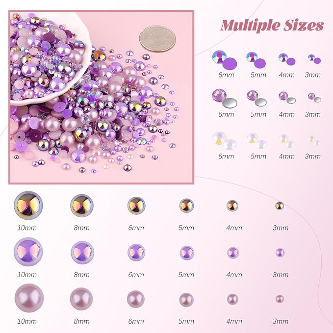 80g Flatback Pearls and Rhinestones for Crafting, Purple Mixed Size 3-10mm Resin Rhinestones and Half Pearls for Bedazzling, Nail Art and Decoration with Tweezer and Pickup Pencil