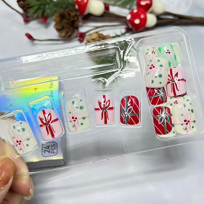 Christmas Press on Nails Short Square Fake Nails with Bow Designs Colorful Xmas False Nail Glossy Full Cover Winter Stick on Nail for Women