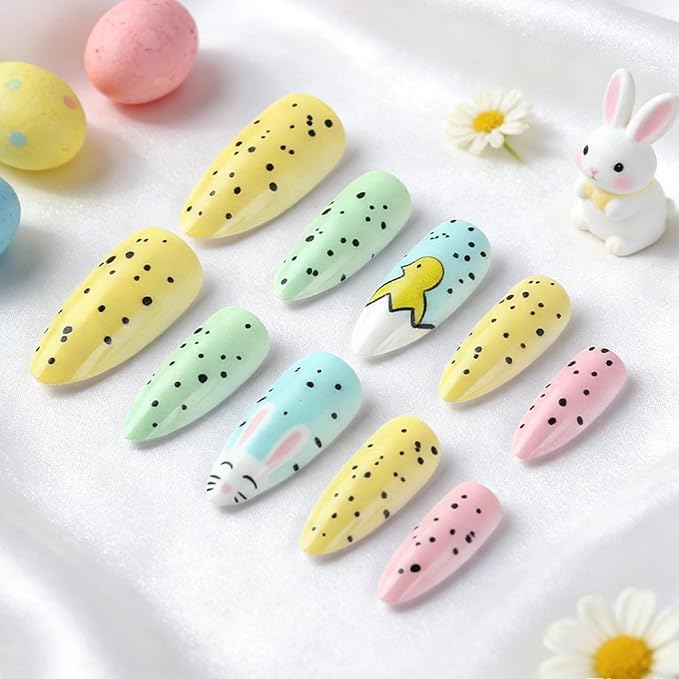 Easter Press on Nails Short Almond Petite Easter Bunny Fake Nail Pink Full Cover Bunny False Nails with Chick Designs Glossy Cute Acrylic Nails Manicure Artificial Nail for Women Manicure Decor 24 Pcs