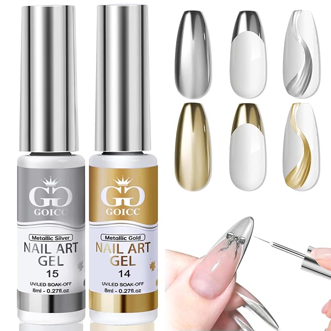 Metallic Gel Nail Polish Gold Gel Liner For Nail Art Chrome Silver Nail Polish 8ml 2 PCS 3D Mirror Chrome Effect Painting with Thin Brush French Nail Design Curing Requires (Metallic Sliver Gold)
