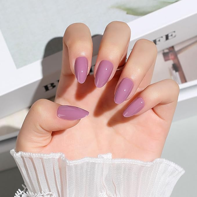 Luxbon Almond Press On Nails Short with No-Cure Nail Glue and Tool Kit – Almond Nail Tips Soft Gel Tips 25-30pcs Full Size Set, Reusable Fake Nails for Women, Salon Look at Home, Purple