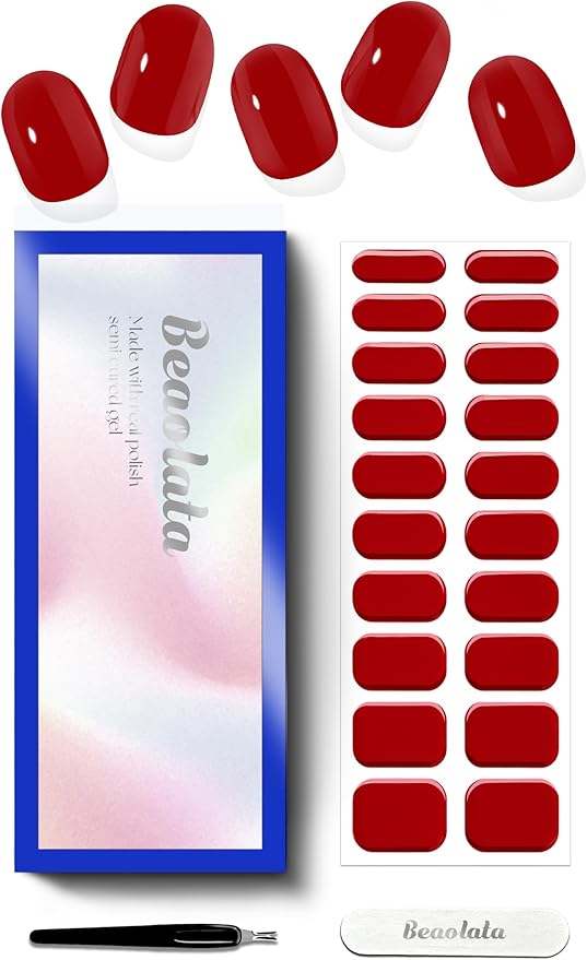Semi Cured Gel Nail Strips - UV Light Gel Nail Stickers - 20 Long Lasting Salon Quality Wraps (Resplendent Red)