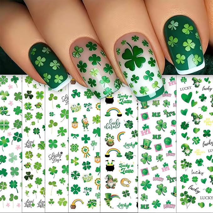 6 Sheets St. Patrick's Day Nail Art Stickers 3D Self Adhesive Green Shamrock Nails Stickers Rainbow Golden Jar Coin Design Irish Nail Decals Nails Art Supply for St. Patricks Day Manicure Decoration