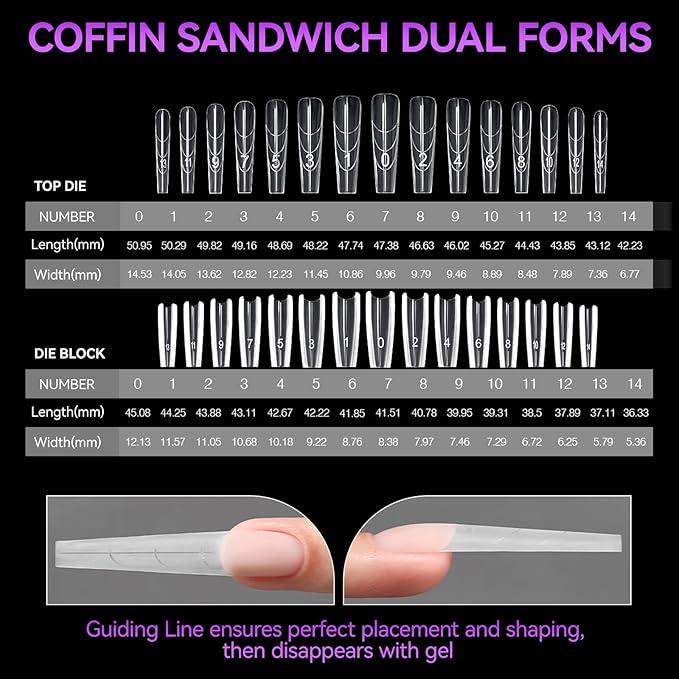 Gelike EC Sandwich Dual Nail Forms: Save 70% Times for Reusable Nail Extensions - Long Coffin Nails Mold for Building Gel/Polygel/Acrylic - 240Pcs 15 Sizes Trim To Fit Short/Medium/Long Styles