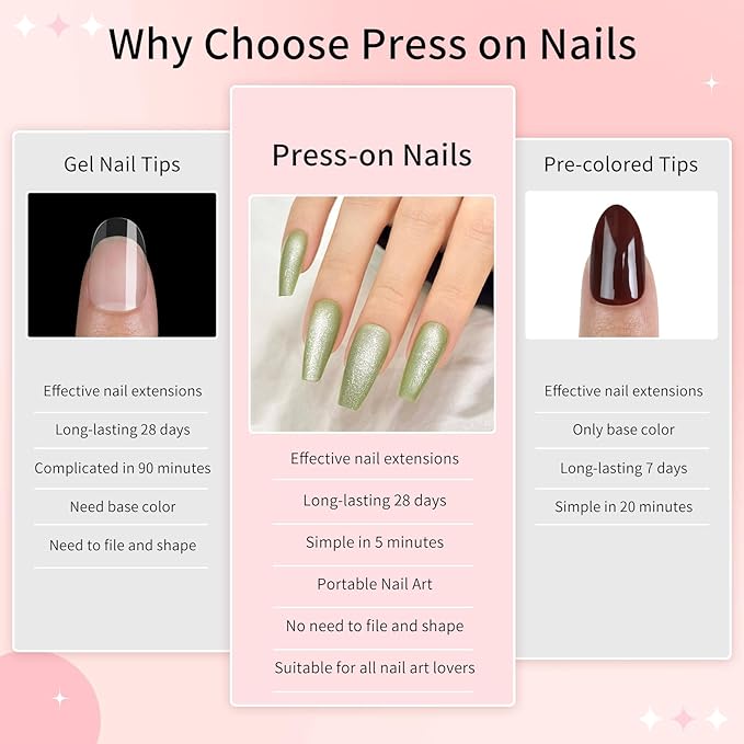 Green Cat Eyes Press On Nails,12 Sizes - 24 Pcs Soft Gel Medium Coffin Fake Nails Kit with Nail Glue, Natural Reusable Stick On False Nails for Women and Girls (Skycloud Green Nails) SK0979