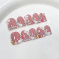 10Pcs Luxury Handmade Press on Nails Short Square 3D Floral Fake Nails French Tip Thick Acrylic False Nails with 3D Cherry Design Nude Pink Full Cover Nails Press ons for Women (Size M)