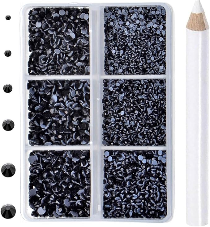 8000pcs Hotfix Rhinestones Flatback,Rhinestones for Crafts Clothes Mixed 6 Sizes, Hotfix Crystals with Wax Pencil Kit, SS3-SS12,Black