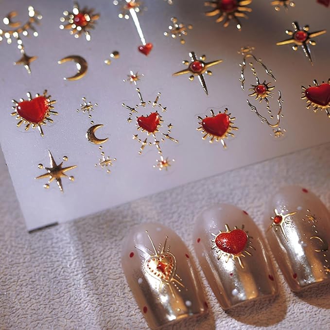 Valentines Nail Art Stickers Red Heart Nail Decals 5D Embossed Nail Supplies Gold Star Moon Nail Design for Women Holiday Nail Decorations Accessories